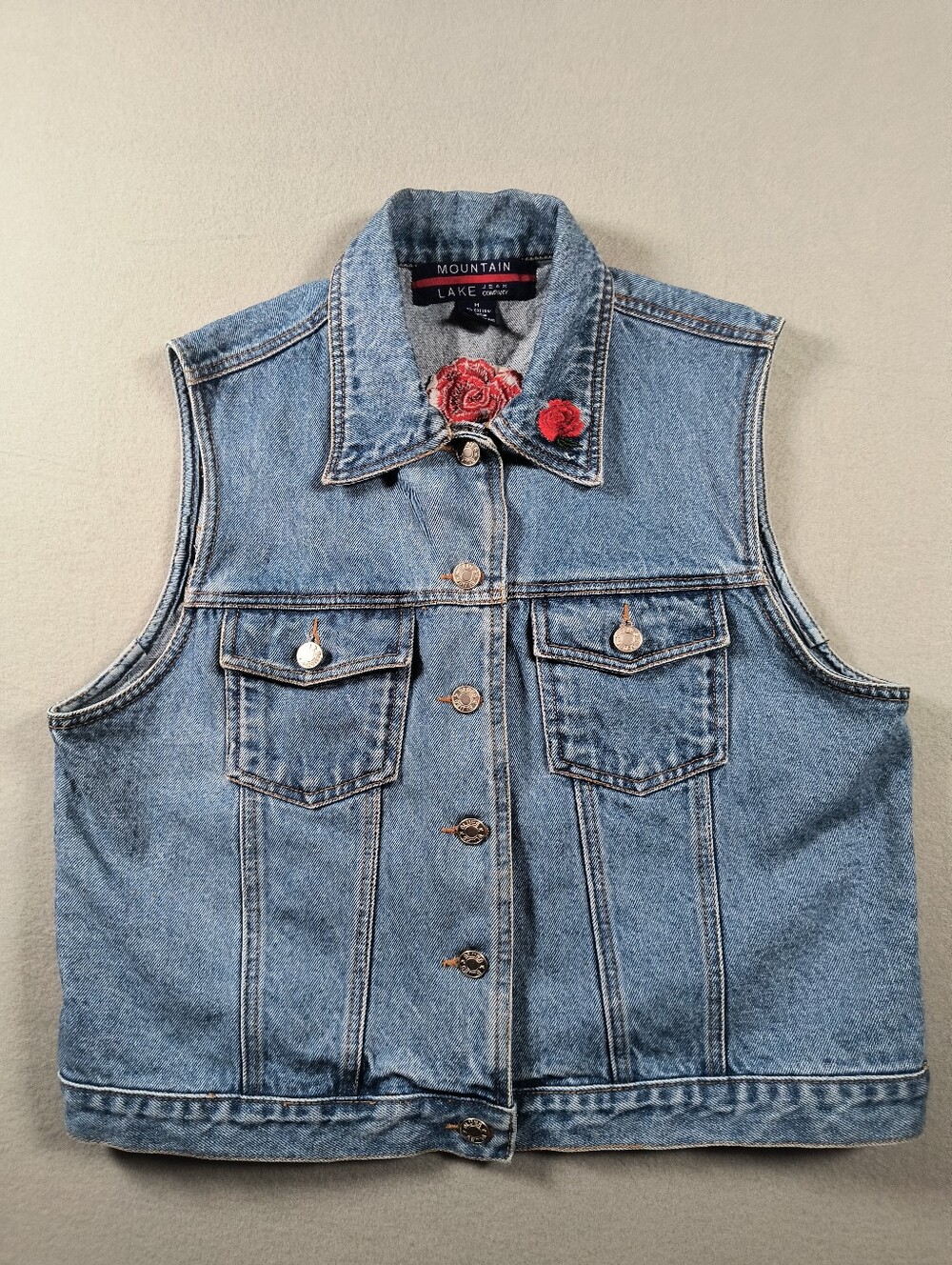 Vintage Mountain Lake vest with embroidered roses, women's medium